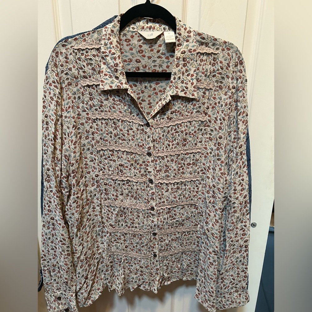 Vintage Rayon J. Jill Embroidery Tan and Bronze button up Floral Blouse Size XL